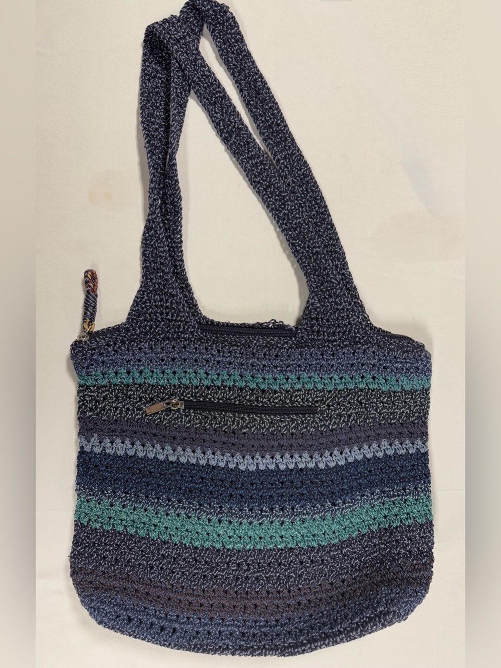 The Sak Crochet Tote Bag Navy Blue Teal Striped Boho Shoulder Bag
